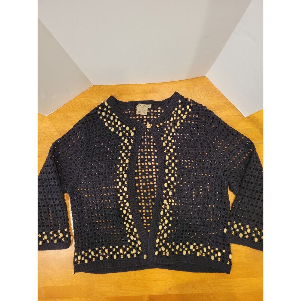 ESCAPADE Cropped Black Open Front 100% Cotton L/S Sweater Wood Bead Trim Size L